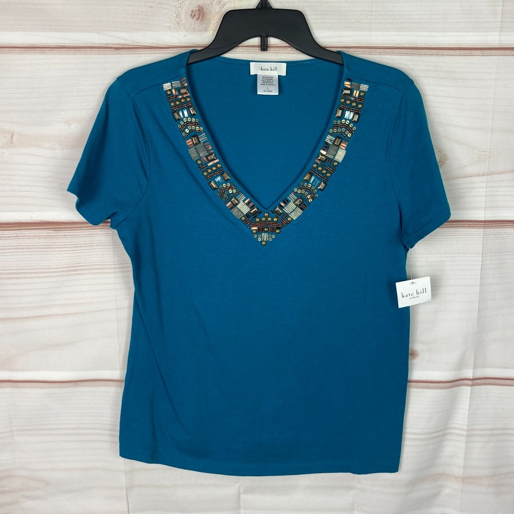 Kate Hill Top Womens L Blue V-Neck T-Shirt Beaded Neck Short Sleeve Cotton Solid